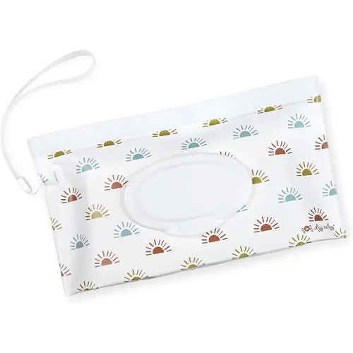 Itzy Ritzy Travel Wipes Case - Reusable Wipe Pouch – Take & Travel Pouch Holds Up to 30 Wet Wipes, Includes Silicone Wristlet Strap, Desert Sunrise