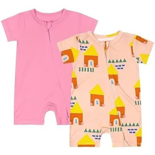 Teach Leanbh Baby Boys Girls 2 Pack Bamboo Viscose Pajamas 2 Way Zipper Short Sleeve Romper Jumpsuit Sleep and Play