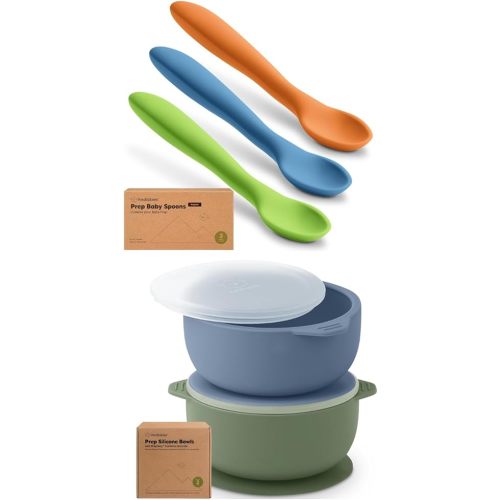 KeaBabies 3-Pack Silicone Baby Spoons and 2-Pack Baby Bowls with Suctions, Lids - Toddler First Food Training Spoon - Silicone Suction Bowls for Boy, Girl