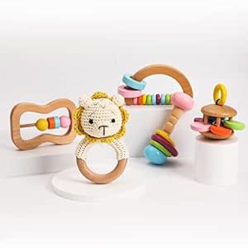 Natural Wooden Toy Classic Wood Rattle Bell Toys in 5pc Gift Box