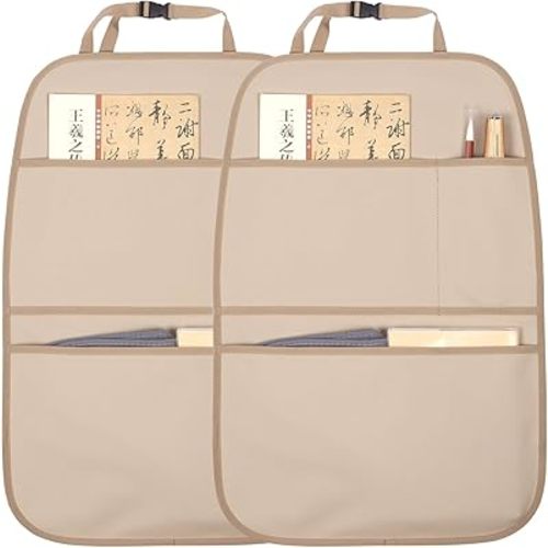 Kick Mat Back Seat Protector Waterproof Leather Car Seat Back Organizers Cover with 3 Storage Pockets for Kids Pets SUV Sedan Minivan Truck Car Travel Accessories (Beige 2-Pack)