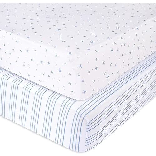 Ely’s & Co. Crib Sheets, Baby Boy Fitted Crib Mattress Sheet Set, 2 Pack, 100% Jersey Knit Cotton, Infant and Toddler Nursery Bedding, Blue Stars + Stripes Print, 28” x 52”