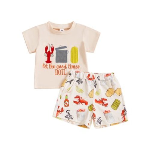 aturustex Little Boys Girls 2pcs Casual Shorts Outfits 0-5T Toddler Baby Short Sleeve T-shirts Embroidery Shirts Crew Neck Tops Lobster Print Shorts K Clothes Set Beachwear for Holiday Party