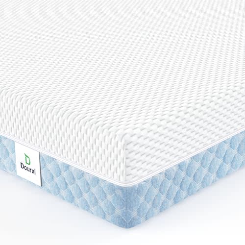 Dourxi Mini Crib Mattress, 38x24X4 Inch Dual Sided Comfort Gel Memory Foam, Breathable Premium Baby Mattress for Mini and Portable Cribs w/Removable Outer Cover - White&Blue