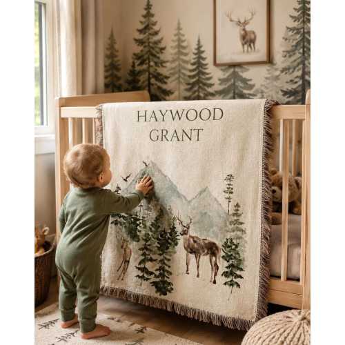 Woodland Baby Blanket Personalized Deer Boys Blanket Wildlife Name Blanket Hunting Cotton Woven Quilt Forest Heirloom Baby Gift