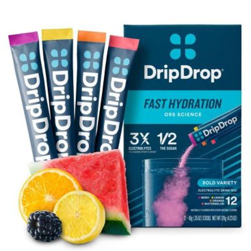 DripDrop Hydration Powder Vegan Electrolyte Supplements - Bold Variety - Berry, Lemon, Orange, Watermelon - 0.35oz/12ct