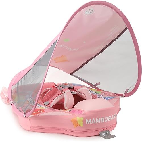 Mambobaby Float Add Tail Baby Swim Float with Canopy Solid Pool Infant Swim Trainer Swimming Training Lying Air Free Water Floats Non-Inflatable Waist Swim Ring for Toddlers (Candy)