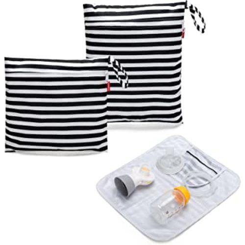 Damero Breast Pump Parts Bag, 2Pack Wet Bag for Breast Pump Parts Storage with Waterproof Mat, Black Strips