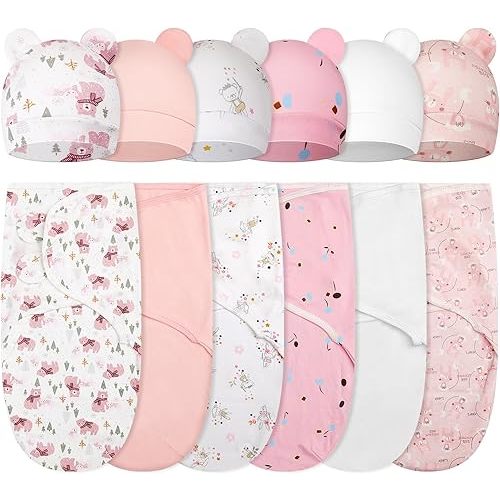 Ramede 6 Pack Baby Swaddle Blanket with Hats Sleep Swaddle for 0-3 Months Newborn Sacks Soft Cotton Wearable for Boy Girl