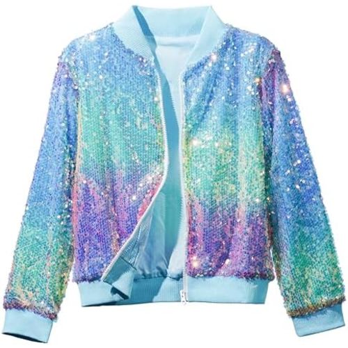 Girls Sequin Bomber Jacket Sparkly Bomber Outfit Long Sleeve Zipper Bright Colors 5-12T