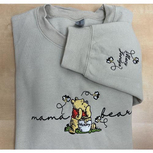 Embroidered Mama Sweatshirt, Personalized Embroidered Mama Bear Shirt With Kids Names Sleeve, Best Mom gift, Custom embroidery disney tshirt