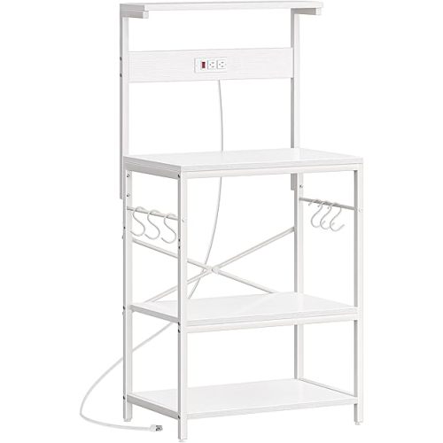 SUPERJARE Kitchen Bakers Rack with Power Outlet, Coffee Bar Table 4 Tiers, Kitchen Microwave Stand with 6 S-Shaped Hooks, Storage Shelf Rack for Spices, Pots and Pans - White