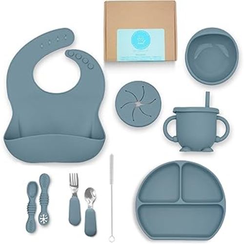 Baby Led Weaning Supplies Silicone Baby Feeding Set–11Pcs Blue, Baby Feeding Supplies with Suction Bowl and Plate, Fork, Spoon, Bib, Sippy Cup, Food-Grade Silicone Baby Utensils