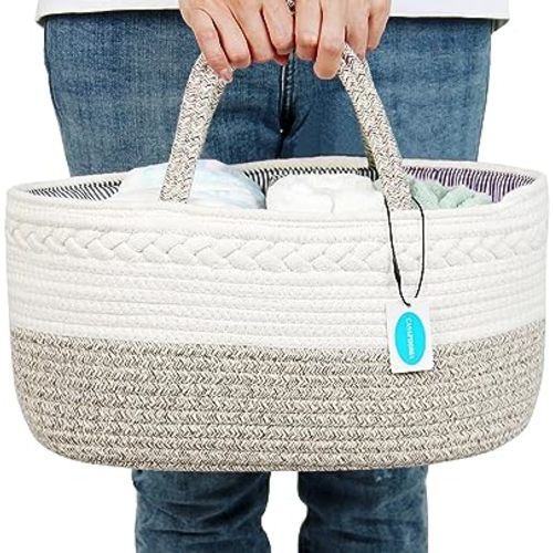 Casaphoria Caddy Organization Woven Cotton Rope Basket storage Caddy or Gift, Soft Circular Basket with Handle, Cotton Material,Light Brown(15.5"x10"x7.5")