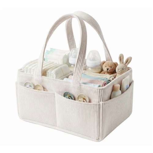 Diaper Caddy Organizer Portable Corduroy Nursery Storage Basket | Sturdy Handle, Dividers, Multi-Pocket | Fits Diapers, Wipes, Bottles – Beige, Large, Baby Shower Gift, Home & Car Use