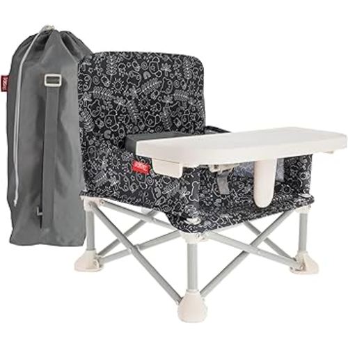 Nuby Easy Go Pop-Up Booster Seat with Removable Tray - 6+ Months - Portable Booster Seat for Floor for Indoor/Outdoor Use - 3-Point Safety Adjustable Straps - Includes Travel Bag - Black and White