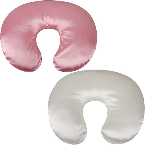 Satin Nursing Pillow Cover Set 2 Pack Ultra Soft Silk Compatible with Boppy Pillow for Breastfeeding Pillow Protect for Baby Hair and Skin White & Pink