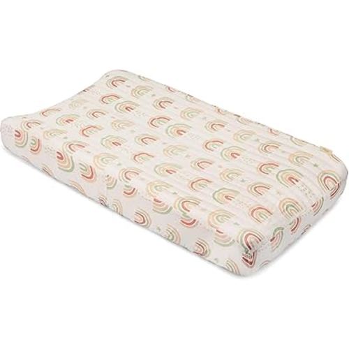 Crane Baby Quilted Changing Pad Cover, 100% Cotton Sateen, 16 X 32, Secure Elastic Fit, Machine Washable, Pink Rainbow Nursery Decor for Girls