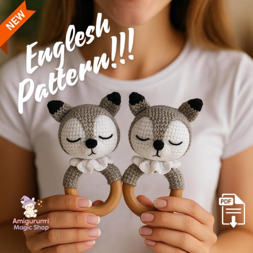 Amigurumi Baby Wolf Rattle Crochet Pattern PDF, Sleepy Woodland Animal Teether Toy, DIY Soft Handmade Gift for Newborns