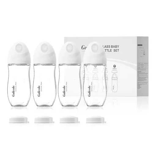 Natural Glass Baby Bottle 8 oz for Breastfed Babies, Anti-Colic Baby Bottle Set with Medium Flow Nipple, 3 Months +, 4 Pack - White