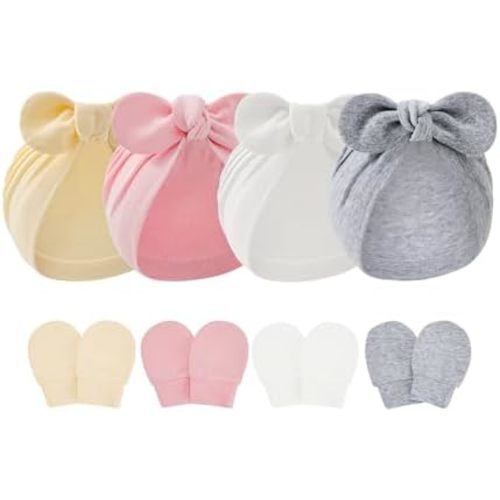 Zando 4PCS Big Bow Baby Hats and Mittens Newborn Hat Essentials Cotton Infant Hospital Hat Baby Turban for Girls Boys 0-2T