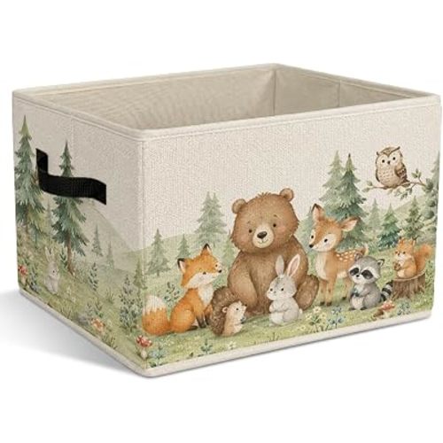 Woodland Nursery Foldable Storage Bins with Handles, Forest Animals Decorative Storage Basket for Organizing Clothes Toys Books, Woodland Camping Gift for Kids Bedroom Nursery Playroom