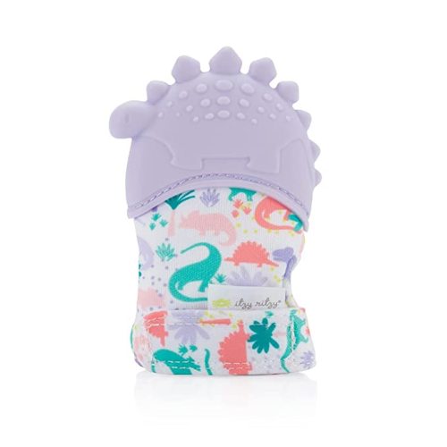 Itzy Ritzy Silicone Teething Mitt - Soothing Infant Teething Mitten w/Adjustable Strap, Crinkle Sound, Textured Silicone, Soothes Sore & Swollen Gums, Baby Teething Toy for 3 Mos +, Purple Dinosaur - 1 Count (Pack of 1)