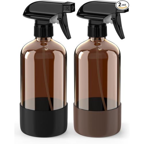 Bontip Glass Spray Bottle with Silicone Sleeve Protection, Amber Glass Spray Bottle Set for Window Cleaner Aromatherapy Facial Hydration Watering Flowers Hair Care 2 Pack/16 oz (Black & Brown)