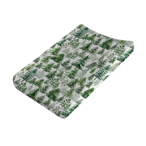 Watercolor Green Woodland Baby Changing Pad Cover Pine Trees Diaper Changing Table Sheets for Boy Girl Winter Forest Soft Breathable Stretch Fitted Nursery Change Table Mats 32''x16''