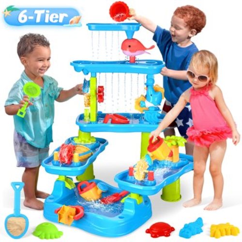 UUSUOO Water Table for Toddlers 1-3,6-Tier Kids Water Table,Rain Showers Splash Pond for Outdoor Beach Backyard Summer,Activity Sensory Sand and Water Table for Toddlers 1-3 3-5 Gift