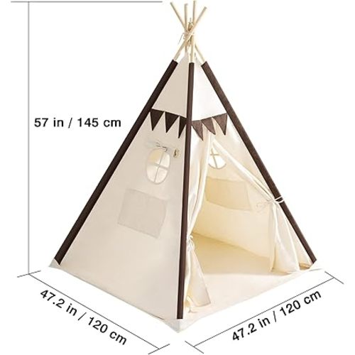 Lavievert Cotton Canvas Teepee Tent for Kids, Portable Toddler Play Tent Playhouse with Bottom Mat for Boys & Girls Indoor Outdoor Games