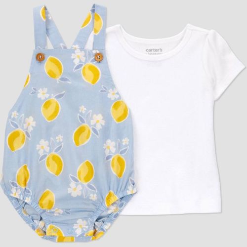 Carter's Just One You® Baby Girls' Lemon Bubble Overalls Set - Blue/Yellow 3M: Cotton T-Shirt & Romper