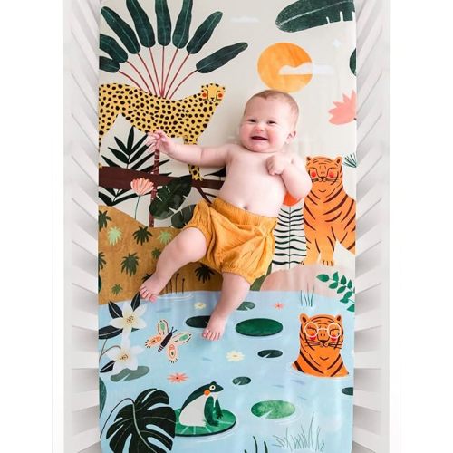 Rookie Humans 100% Cotton Sateen Fitted Crib Sheet: in The Jungle. Modern Nursery, Use as a Photo Background for Your Baby Pictures. Standard Crib Size (52 x 28 inches)
