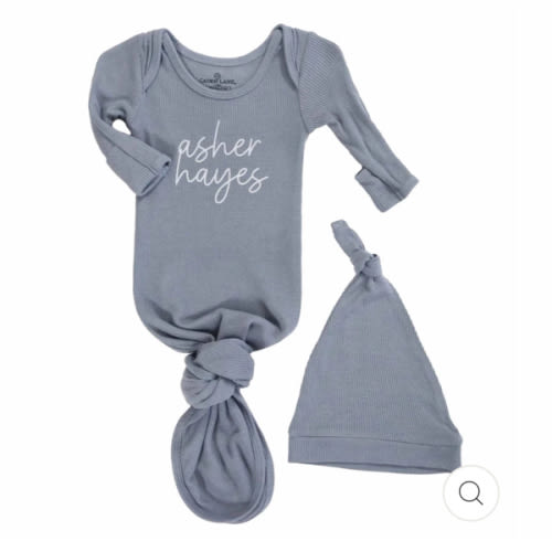 Boy Personalized Bamboo Newborn Baby Knot Gown & Hat in Dusty Denim