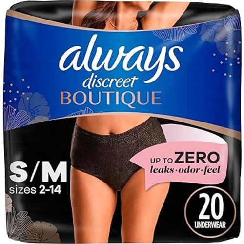 Always Discreet Boutique Incontinence and Postpartum Underwear for Women, Maximum Protection, S/M, Black, 20 Count (Packaging May Vary)