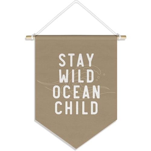 Ocean Nursery Decor, Stay Wild Ocean Child Wall Hanging Canvas Banner, Brown Nautical Nursery Hanging Pennant Flag Posters Prints for Baby Boy Girl Toddler Kids Room Playroom Decor, 15x11in