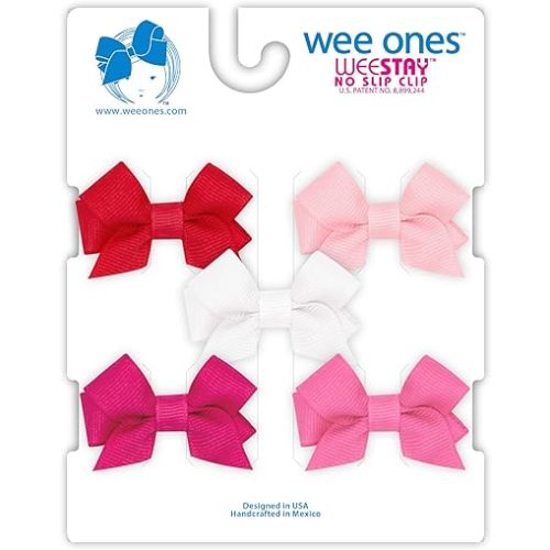 Wee Ones Baby Girl's Multipack Five Tiny Grosgrain Hair Bows, Red, Light Pink, White, Shocking Pink, and Hot Pink
