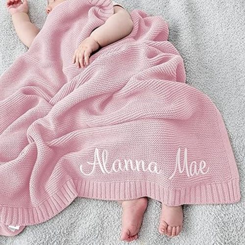 Personalized Baby Blanket Custom Embroidered 100% Cotton Knitted Blanket 37x42in Unisex Newborn Gift