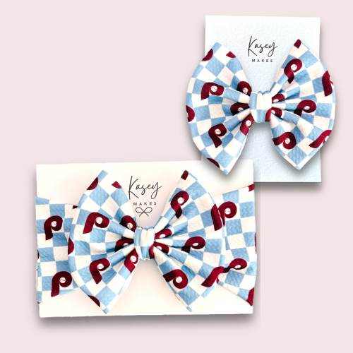 PHILLIES CHECKER BOWS Powder Blue| Philadelphia Phillies Throwback Inspired Print | Infant/Toddler/Girl's Hair Bows