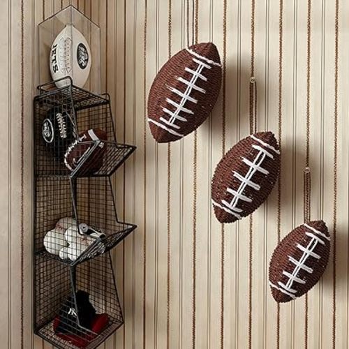 Beeveer 3 Pcs Woven Football Hanging Decor, Handmade Rustic Rattan Football Wall Decor for Boys Room, Man Cave, Game Room, Sports Theme Gifts, DIY Craft Project, Game Day Club Birthday Party Supplies