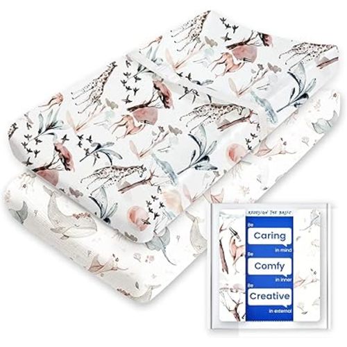 Extra Stretchy Changing Pad Cover, TotBasic Ultra Soft Premium Jersey Knit Changing Pad Sheets, Pink Prints for Baby Girls, Fits All Standard Changing Tables/Dresser Tops - 2 Pack (Whale + Giraffe)