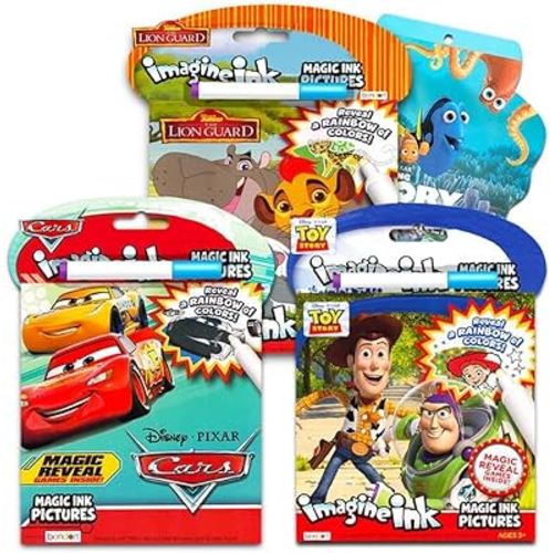Disney Pixar Magic Ink Coloring Book Super Set - 3 Imagine Ink Books Featuring Toy Story, Lion Guard, Disney Cars with Invisible Ink Pens and Stickers