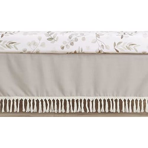 Sweet Jojo Designs Boho Fringe Boy or Girl Baby Nursery Crib Bed Skirt Dust Ruffle - Gender Neutral Beige Tan Taupe Linen Tassel Macrame for Bohemian Woodland Farmhouse Botanical Leaf Collection