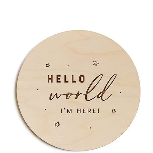 The Cotton & Canvas Co. Hello World I'm Here with Stars Newborn Baby Announcement, Nursery Sign, Nursery Decor, Baby Shower, Modern, Wooden Plaque, Birth Prop