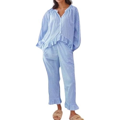Womens Gingham Pajama Set 2 Piece Long Sleeve Babydoll Shirt and Pants Matching Lounge Set Fall Outfits