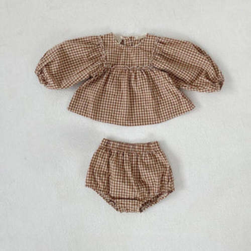 Plaid Balloon Sleeve Linen Bloomer Set | RYAN AND REMI