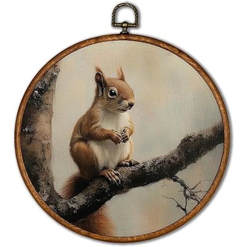 KSDUT Retro Squirrel Wall Art Decor - Neutral Mid Century Modern Wall Art Canvas Frame Hanging Prints, Vintage Cottagecore Dark Moody Round Wall Art Decor for Home Farmhouse Decorations 10"x10"
