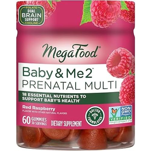 MegaFood Baby & Me 2 Prenatal Vitamin Gummies - Prenatal Vitamins for Women with Folic Acid and Choline for Baby’s Brain Development; Plus Real Fruit- Red Raspberry Flavor - 60 Gummies (30 Servings)