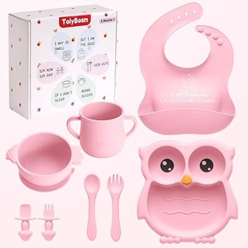 Silicone Baby Feeding Set, 8 Pcs Baby Led Weaning Supplies, Baby Feeding Essentials for 6+ Months, Toddler Weaning Set with Bib, Baby Plate and Bowl with suction(Pink-ToiyBosm Design)