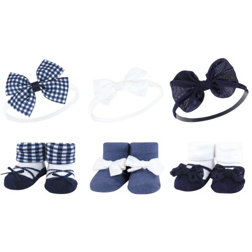 Hudson Baby Infant Girl Headband and Socks Giftset, Navy Gingham, One Size - Navy Gingham